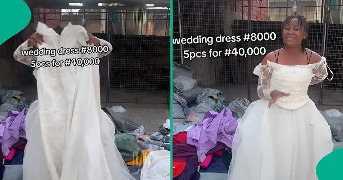 Nigerian woman selling okrika wedding gown in Ibadan, Oyo state mentions price.