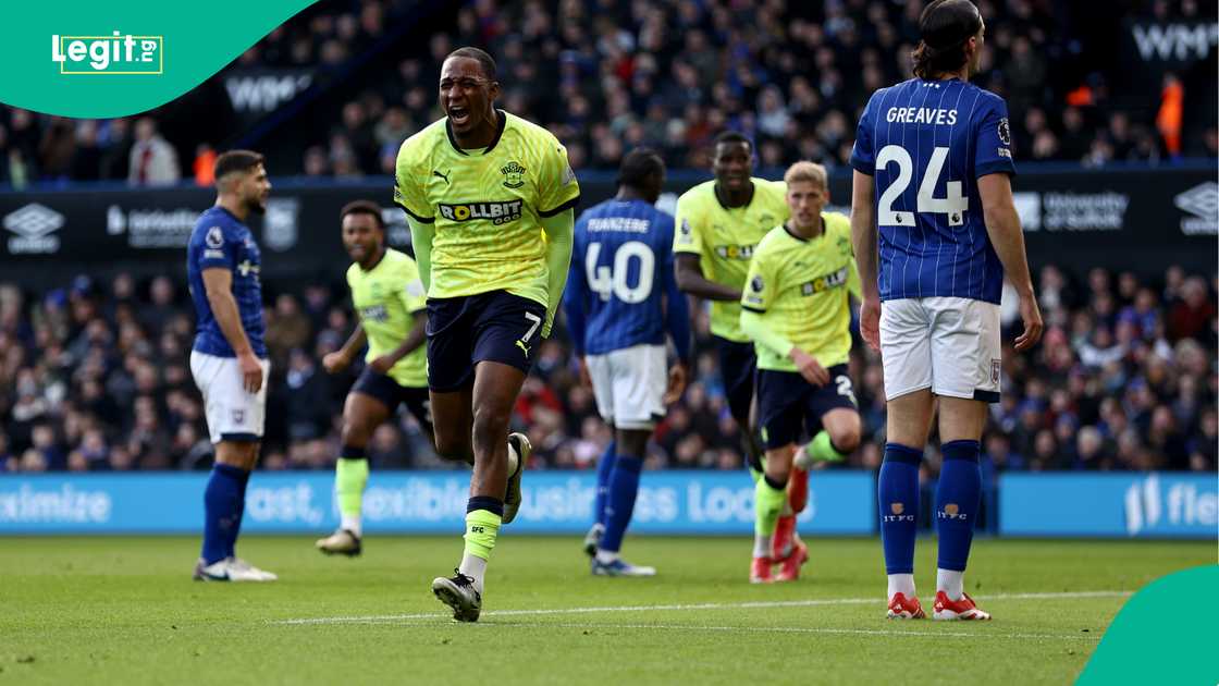 Joe Aribo, Paul Onuachu, Southampton, Ipswich Town, Portman Road, Ipswich, England, Premier League. Joe Aribo, Paul Onuachu, Southampton, Ipswich Town, Portman Road, Ipswich, England, Premier League.