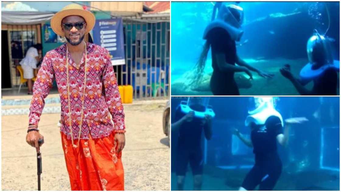 Fishes swarm by as Omashola proposed to his lover. Fishes swarm by as Omashola proposed to his lover.