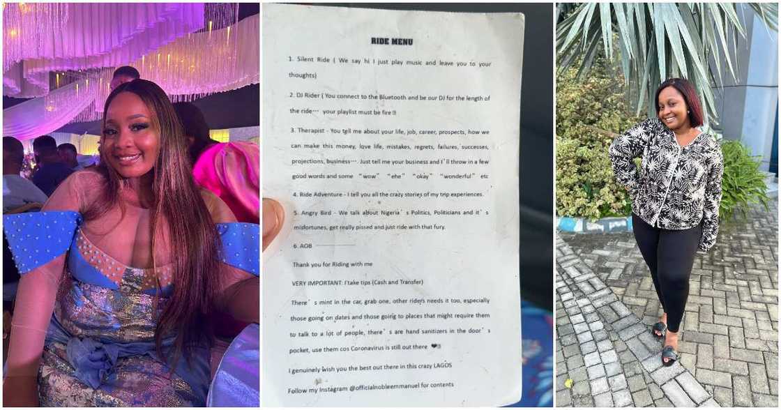 Nigerian lawyer, Bolt driver, tip, paper menu Nigerian lawyer, Bolt driver, tip, paper menu