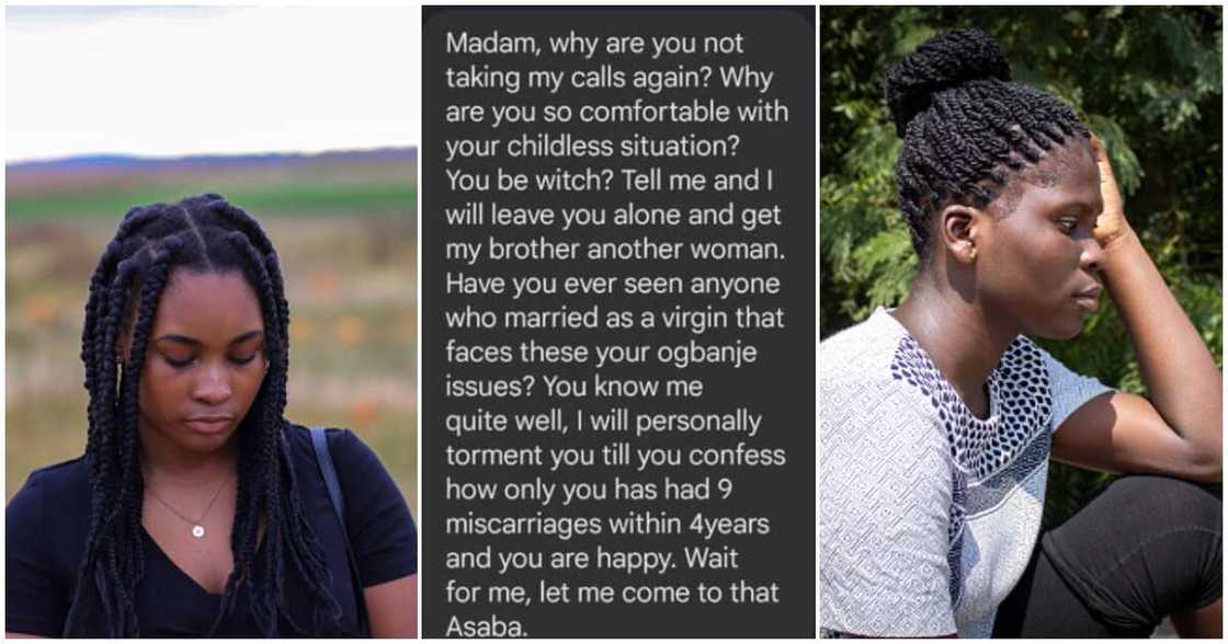 Woman, sister-in-law, childless wife, nine miscarriages Woman, sister-in-law, childless wife, nine miscarriages
