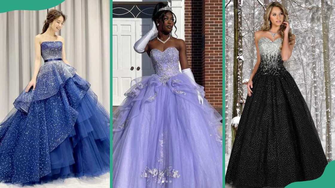 Blue ruffled ball gown (L), lilac ball gown (C), and silver and black ball gown (R) Blue ruffled ball gown (L), lilac ball gown (C), and silver and black ball gown (R)