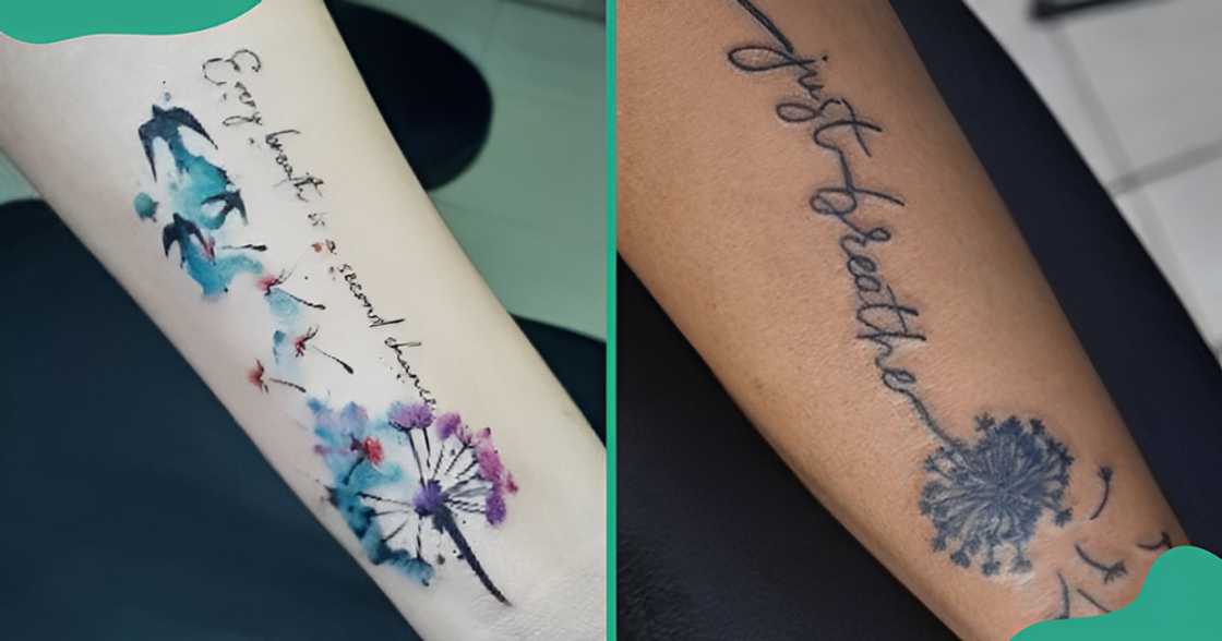 Colourful and fine-line blown dandelion tattoos with quotes Colourful and fine-line blown dandelion tattoos with quotes