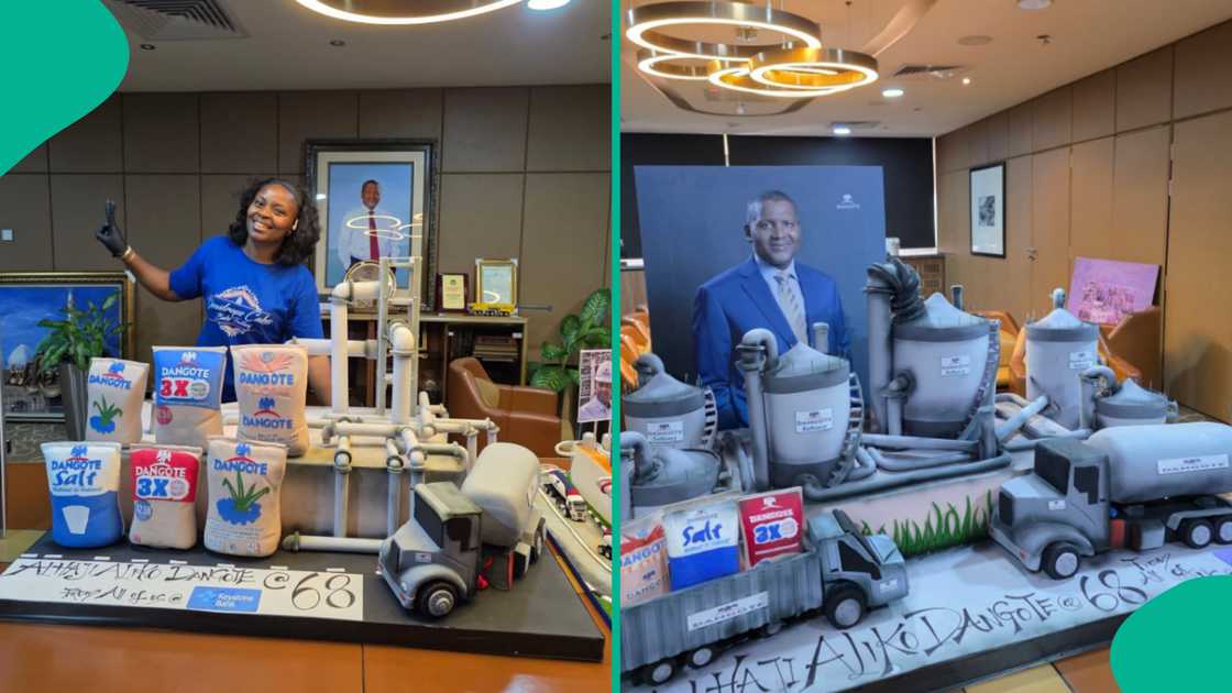 Lady celebrates Alhaji Aliko Dangote with a special cake she baked. Lady celebrates Alhaji Aliko Dangote with a special cake she baked.