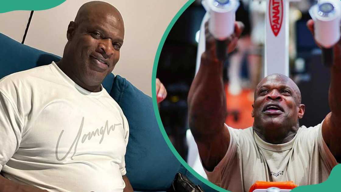 Ronnie Coleman sitting on a coach in his home (L). The former pro bodybuilder working out at a gym (R). Ronnie Coleman sitting on a coach in his home (L). The former pro bodybuilder working out at a gym (R).