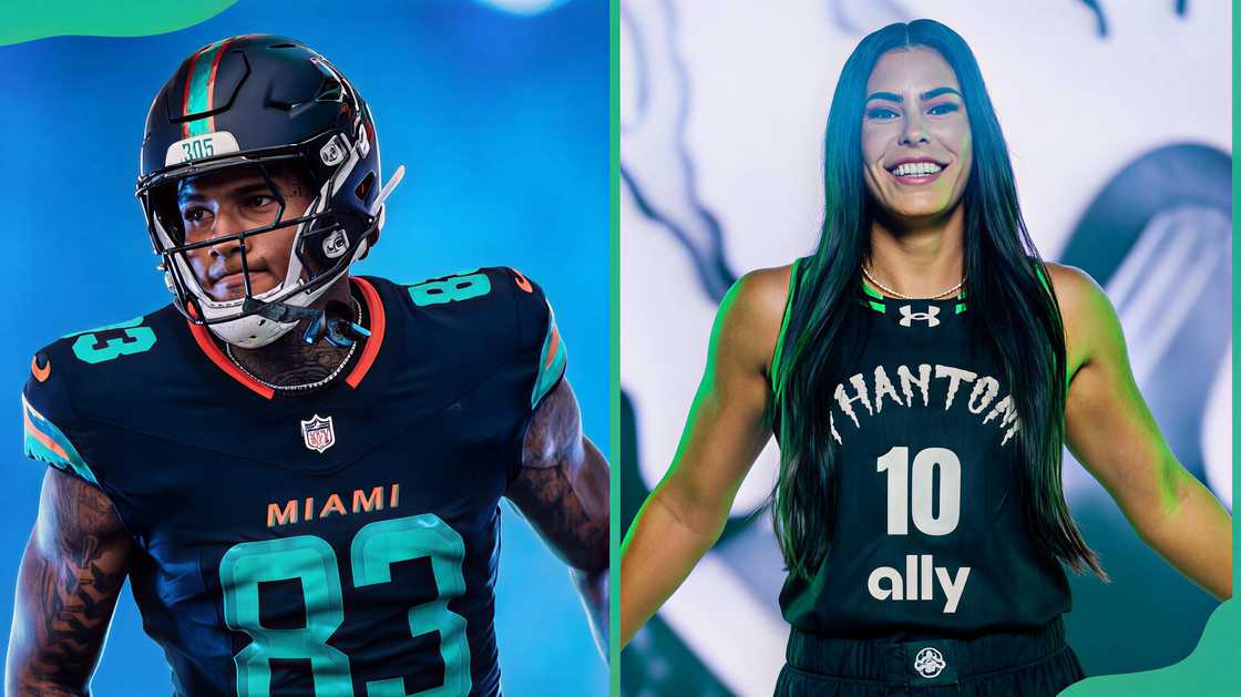 Darren Waller in his Miami Dolphins jersey and Kelsey Plum posing for a photo in her Phantom Ally jersey Darren Waller in his Miami Dolphins jersey and Kelsey Plum posing for a photo in her Phantom Ally jersey