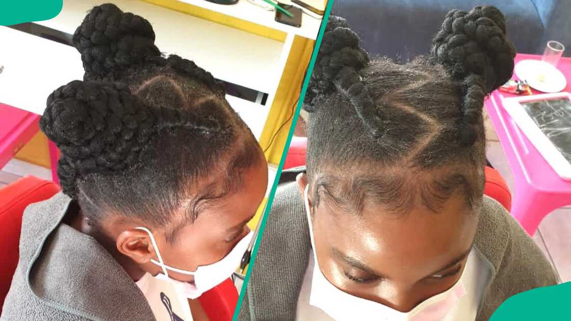 Pig-buns on African hair with braid extensions