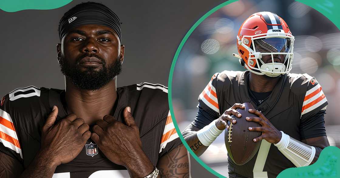 Tyler Huntley holds his shoulder pads. The Cleveland Browns' quarterback prepares to throw a pass. Tyler Huntley holds his shoulder pads. The Cleveland Browns' quarterback prepares to throw a pass.