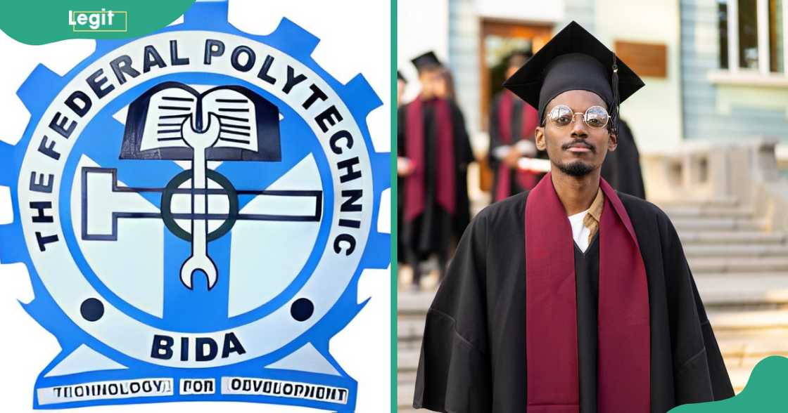 Federal Poly Bida logo (L). A student in a graduation gown (R)