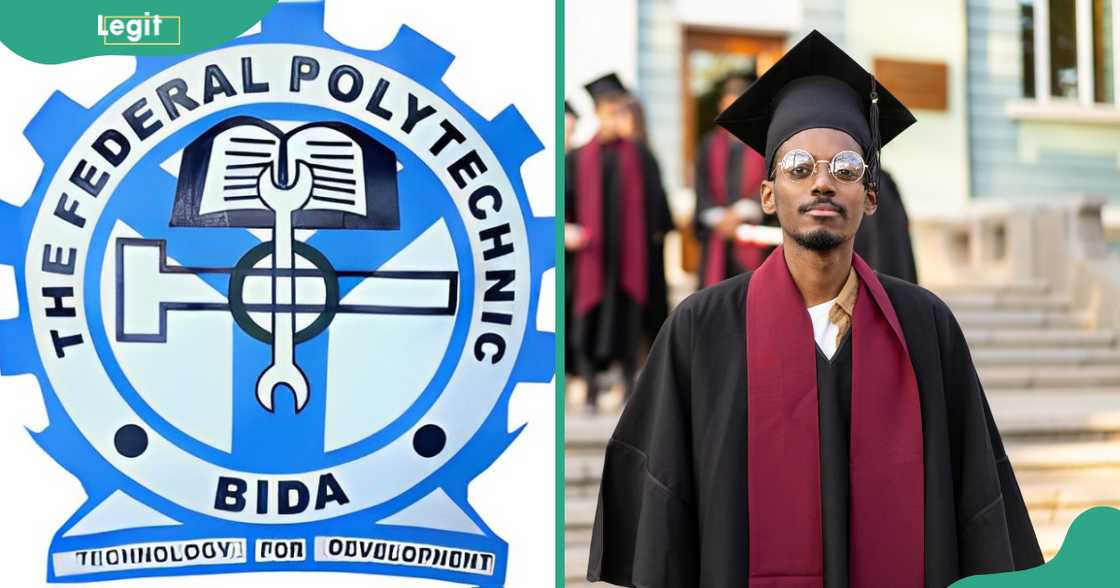 Federal Poly Bida logo (L). A student in a graduation gown (R) Federal Poly Bida logo (L). A student in a graduation gown (R)