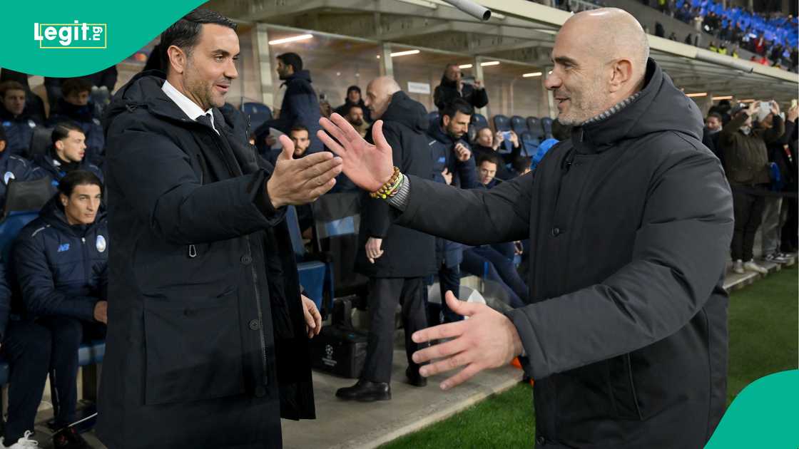 Raffaele Palladino, Enzo Maresca, Chelsea, Atalanta, Stadio di Bergamo, Italy, UEFA Champions League. Raffaele Palladino, Enzo Maresca, Chelsea, Atalanta, Stadio di Bergamo, Italy, UEFA Champions League.