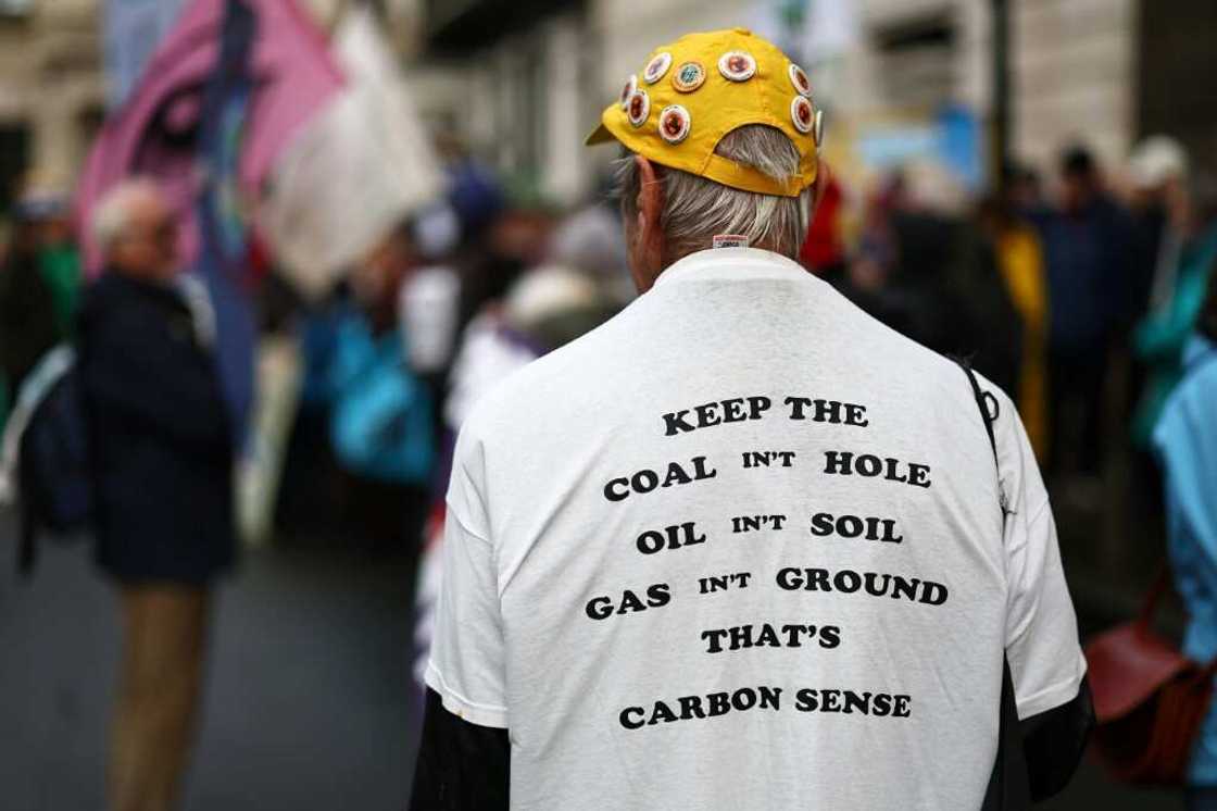 Climate activists demonstrate outside BP headquarters in London on December 9, 2023