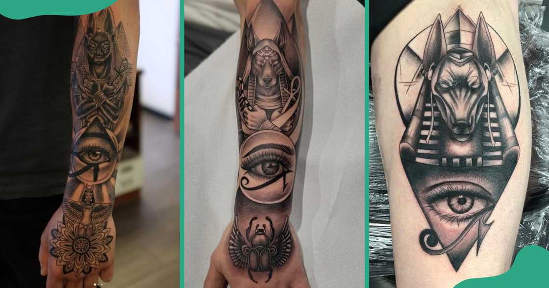 The Eye of Horus with Anubis on the arms and the leg. The Eye of Horus with Anubis on the arms and the leg.