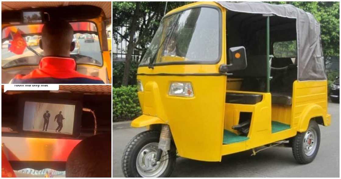 Reactions trail video of man riding Keke Napep that has small TV, rug and home theatre in it Reactions trail video of man riding Keke Napep that has small TV, rug and home theatre in it