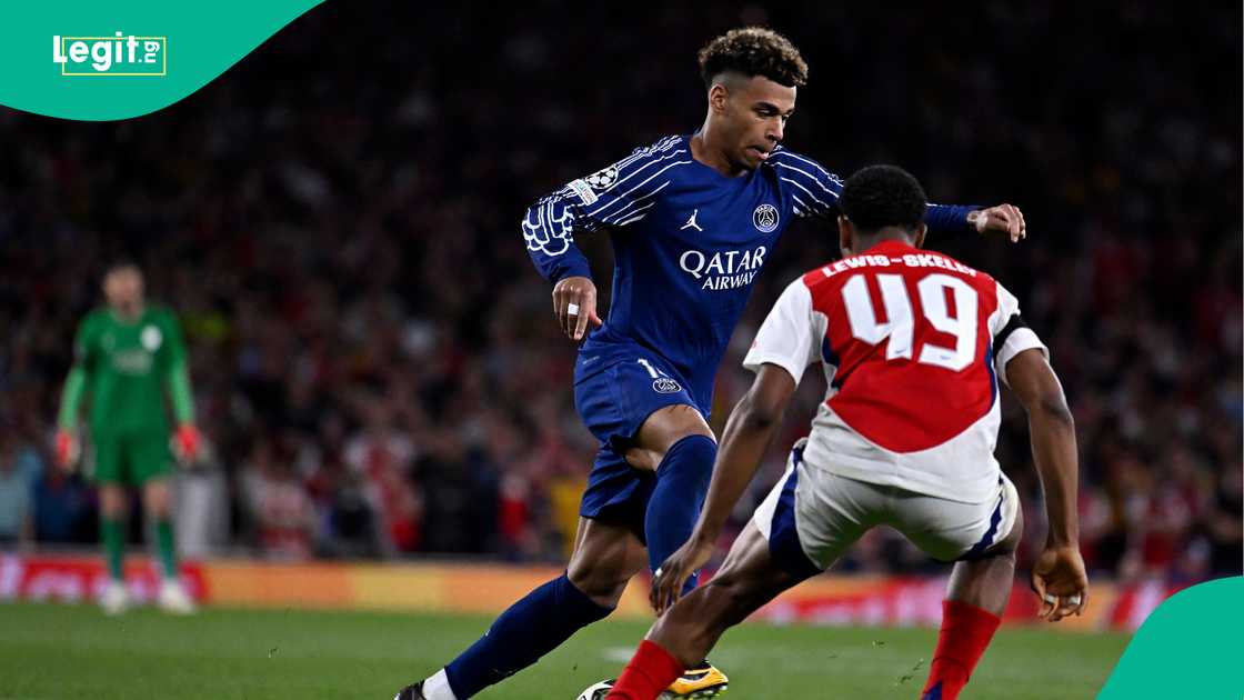 Desire Doue, Myles Lewis-Skelly, Paris Saint-Germain, Arsenal, Emirates Stadium, London, England, UEFA Champions League. Desire Doue, Myles Lewis-Skelly, Paris Saint-Germain, Arsenal, Emirates Stadium, London, England, UEFA Champions League.