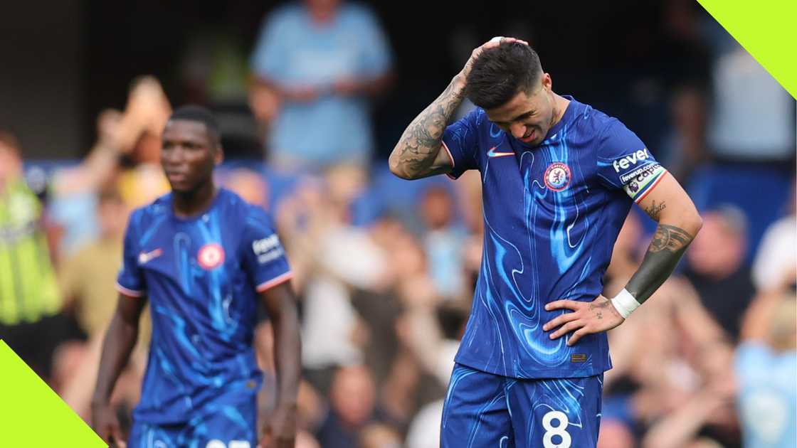 Enzo Fernandez looks dejected during Chelsea's 2-0 loss to Manchester City.