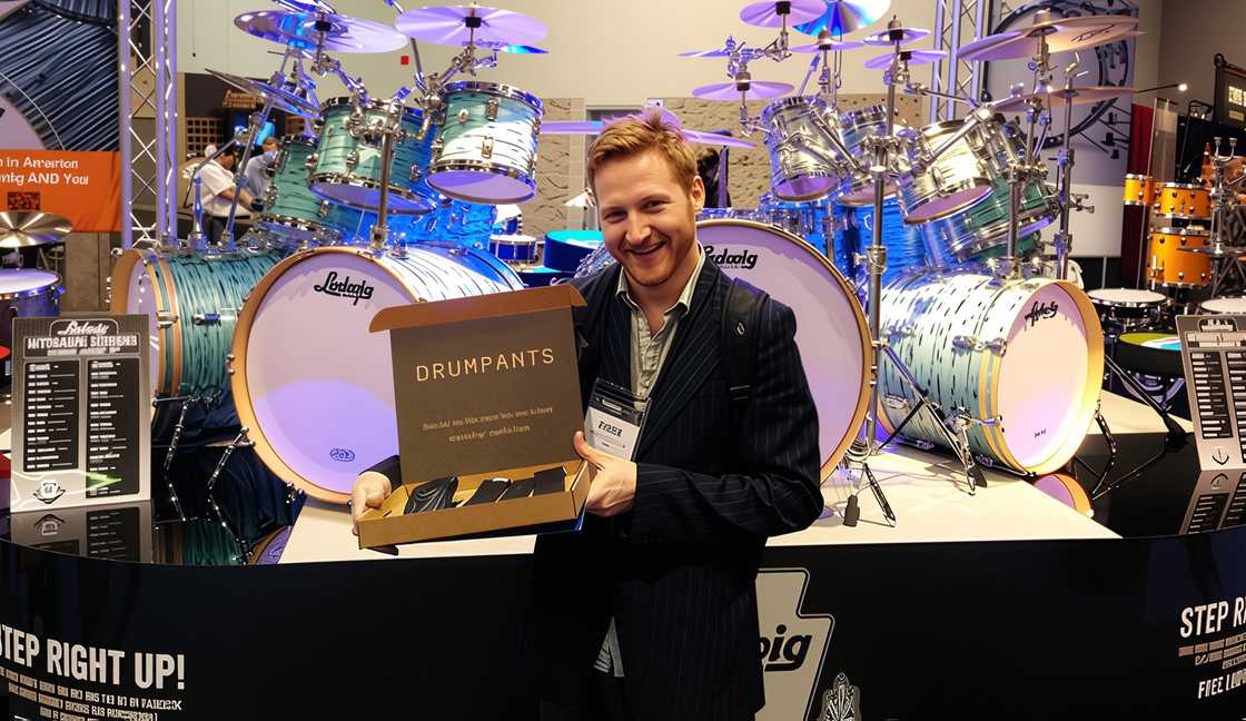 Tyler Freeman holds a box of the DrumPants set infront of a stage. Tyler Freeman holds a box of the DrumPants set infront of a stage.