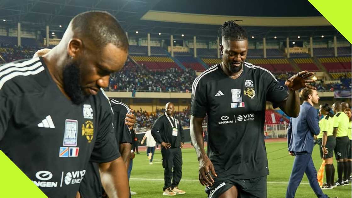 Jay Jay Okocha celebrates a goal during a novelty match Jay Jay Okocha celebrates a goal during a novelty match