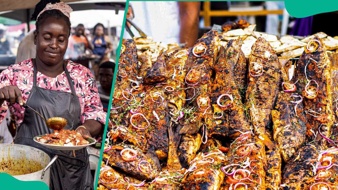 A woman serving food on a plate (L). Fried fish at Port Harcourt during Bole Festival (R)