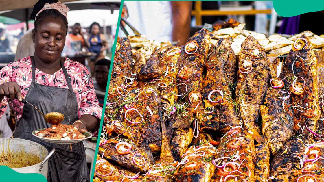 A woman serving food on a plate (L). Fried fish at Port Harcourt during Bole Festival (R) A woman serving food on a plate (L). Fried fish at Port Harcourt during Bole Festival (R)