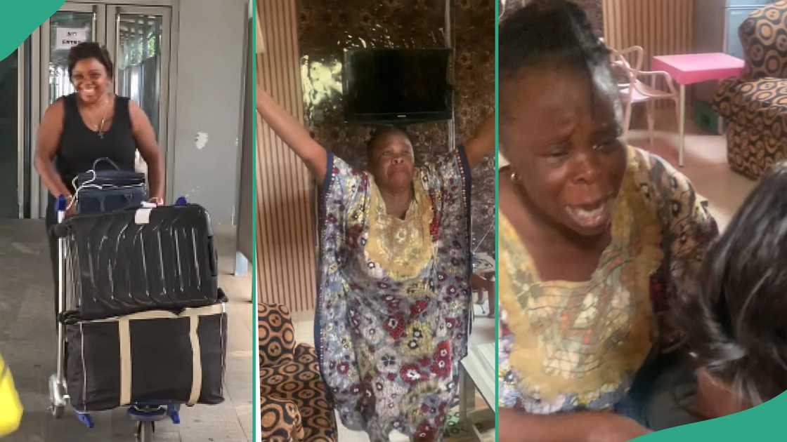 Woman rejoices as her daughter returns from abroad.