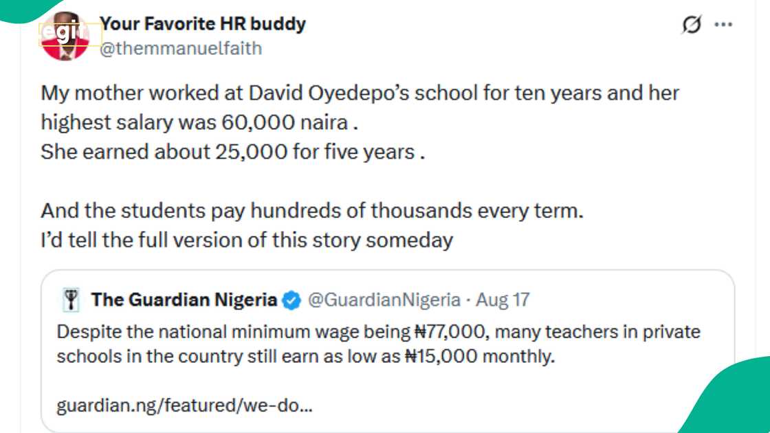 Man shares how much his mum was paid as teacher at Bishop David Oyedepo's school for 10 years
