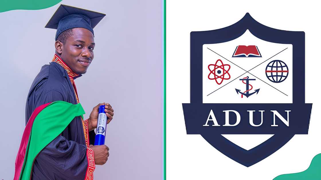 Admiralty University graduate (L). Admiralty University logo (R) Admiralty University graduate (L). Admiralty University logo (R)