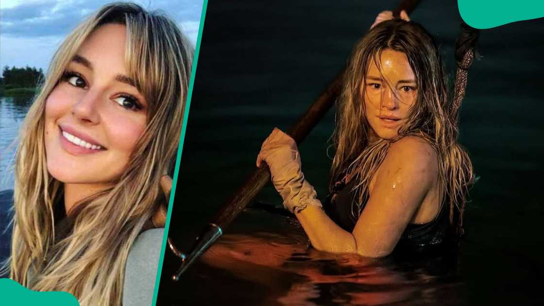Hassie Harrison posing for a photo beside a lake and on the set of Dangerous Animals Hassie Harrison posing for a photo beside a lake and on the set of Dangerous Animals