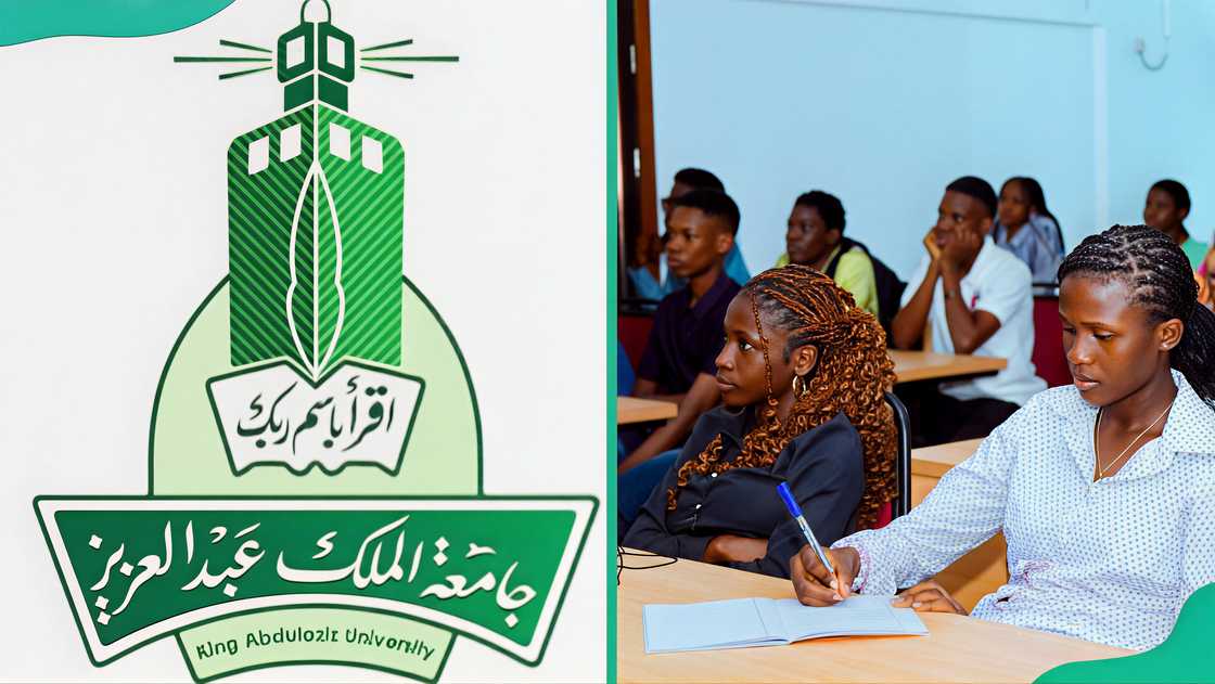 The King Abdulaziz University logo and Nigerian students in a lecture
