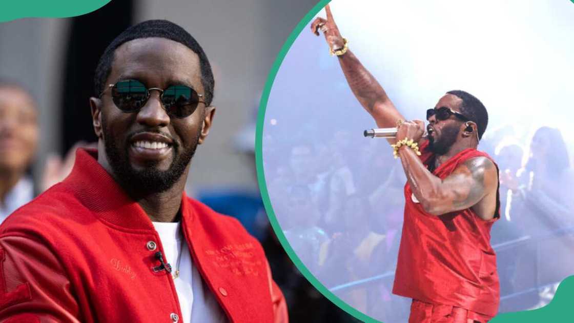 Diddy wearing a red jacket (L). The rapper performing on stage (R)