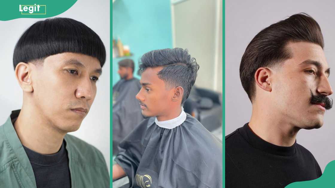 Bowl cut (L) Mullet (C) Pompadour (R) Bowl cut (L) Mullet (C) Pompadour (R)