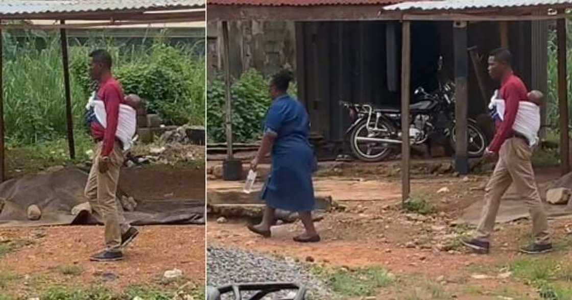 Man backs baby as he walks on the road with his wife Man backs baby as he walks on the road with his wife