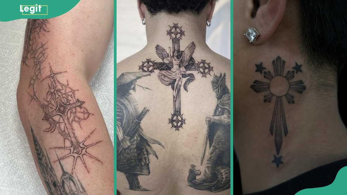 Gothic cross (L), Angel on a cross (C) and A sun inspired cross (R) tattoos Gothic cross (L), Angel on a cross (C) and A sun inspired cross (R) tattoos