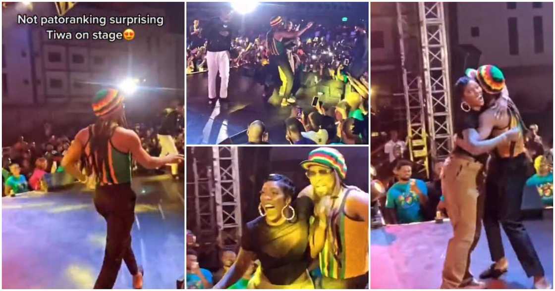Patoranking surprises Tiwa Savage on stage. Patoranking surprises Tiwa Savage on stage.
