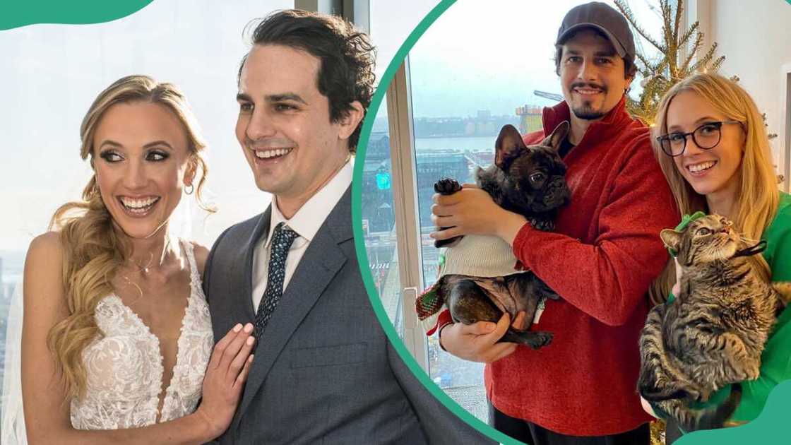 Cameron Friscia and Kat Timpf on their wedding day and with their pets