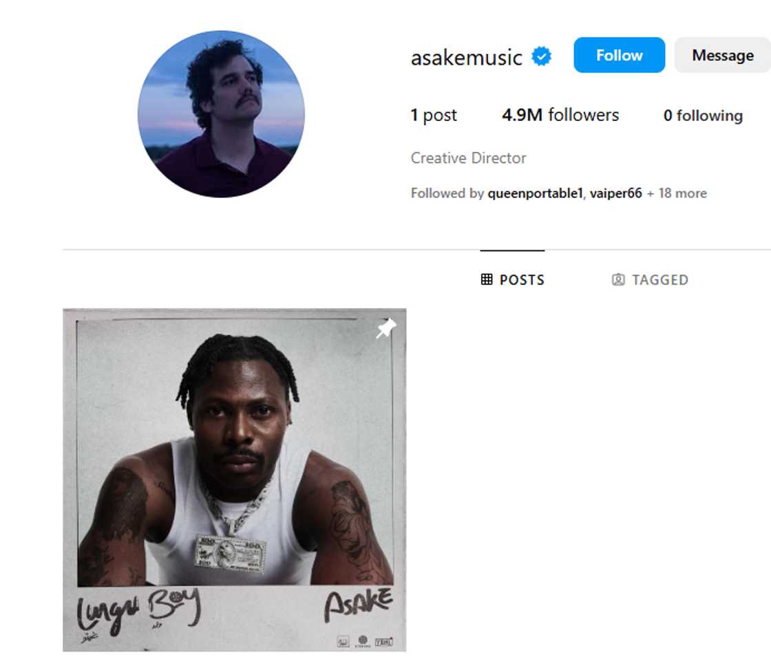 Screenshot of Asake's Instagram page after unfollowing Olamide and removing YBNL.