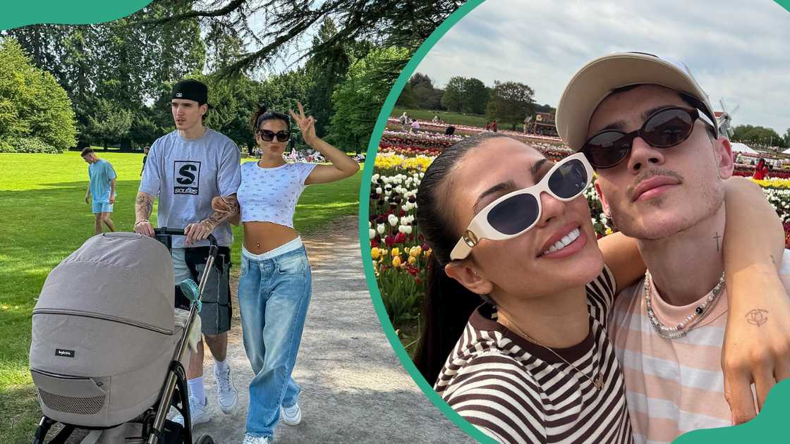 Cam and Emily walking on a park pushing a pram (L). The couple taking a selfie in a flower field (R) Cam and Emily walking on a park pushing a pram (L). The couple taking a selfie in a flower field (R)