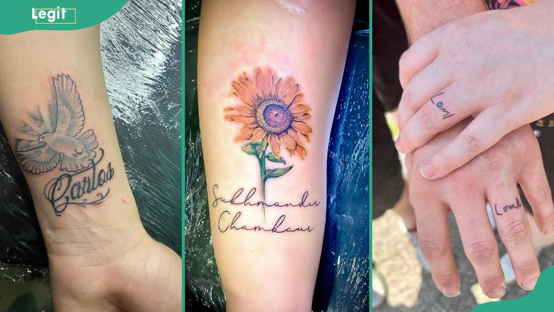 Dove name tattoo (L) Sunflower name tattoo (C) Finger name tattoo (R)