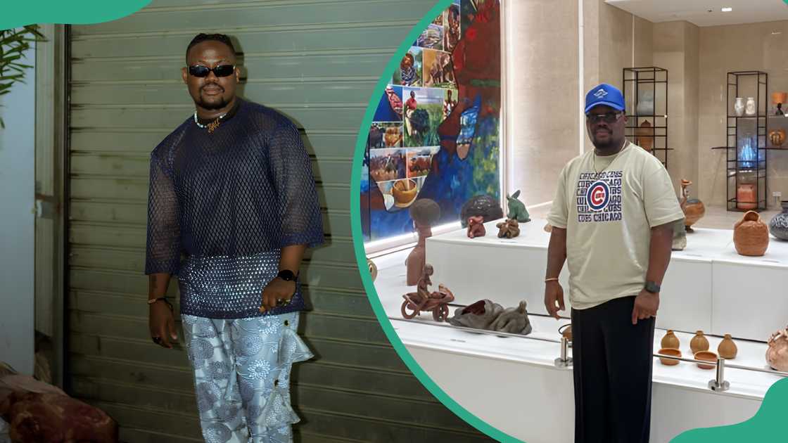 Rooboy posing while leaning against the wall (L). Rooboy posing while wearing a blue cap (R).