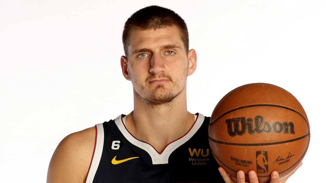 Nikola Jokić of the Denver Nuggets poses for a portrait.