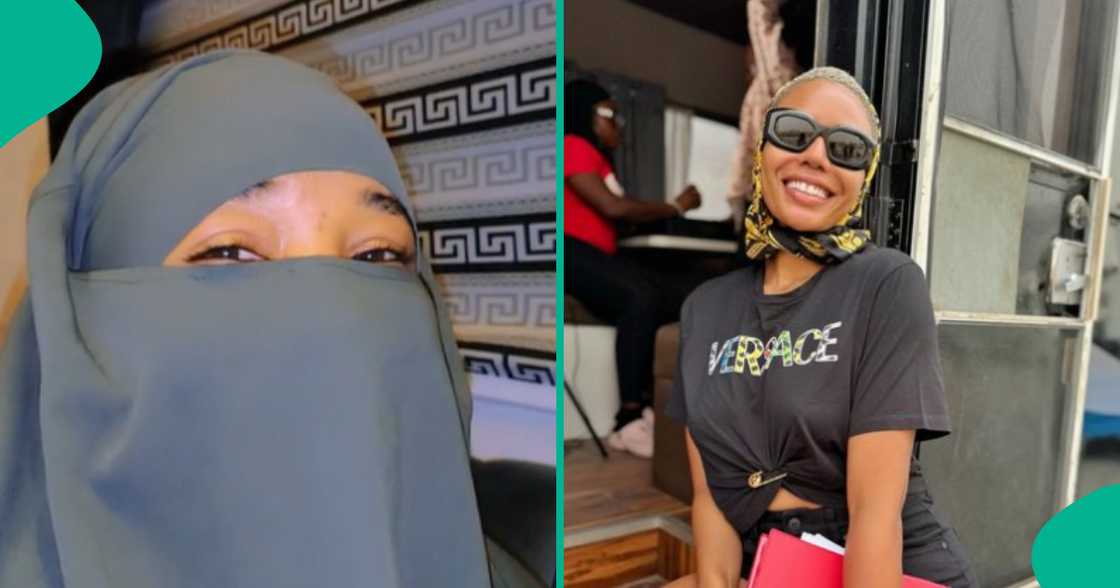 Nancy Isime wears hijab and niqab to shoot robbery scene, Muslim woman kicks.