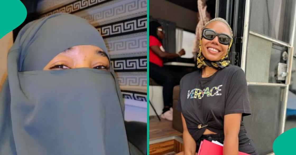 Nancy Isime wears hijab and niqab to shoot robbery scene, Muslim woman kicks. Nancy Isime wears hijab and niqab to shoot robbery scene, Muslim woman kicks.