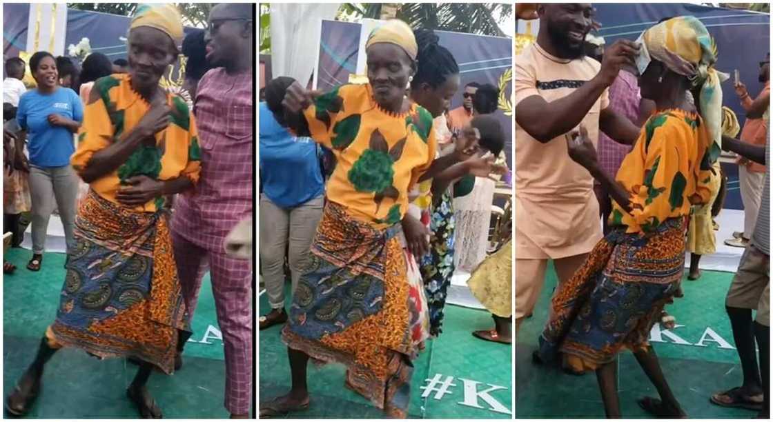 An energetic old woman performance her unique dance in public as people watch and cheer. An energetic old woman performance her unique dance in public as people watch and cheer.