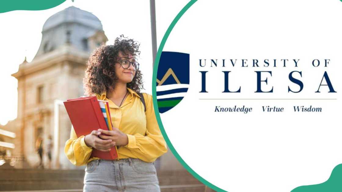 A student holding books and the University of Ilesa logo A student holding books and the University of Ilesa logo