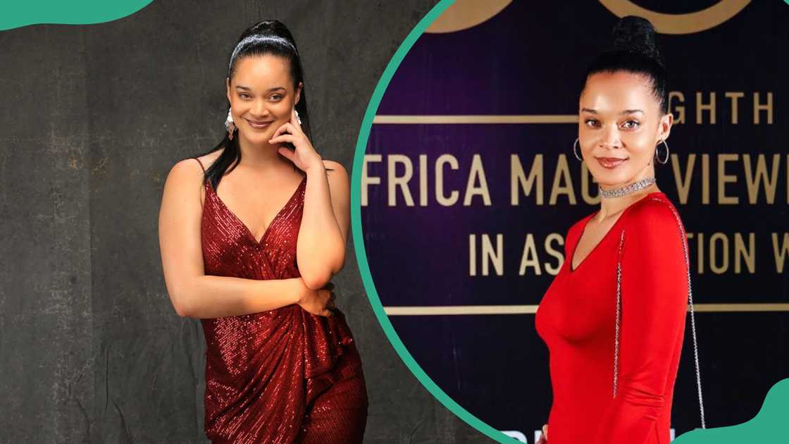 Bridget Johnson posing with one hand on her cheeks and in a red dress