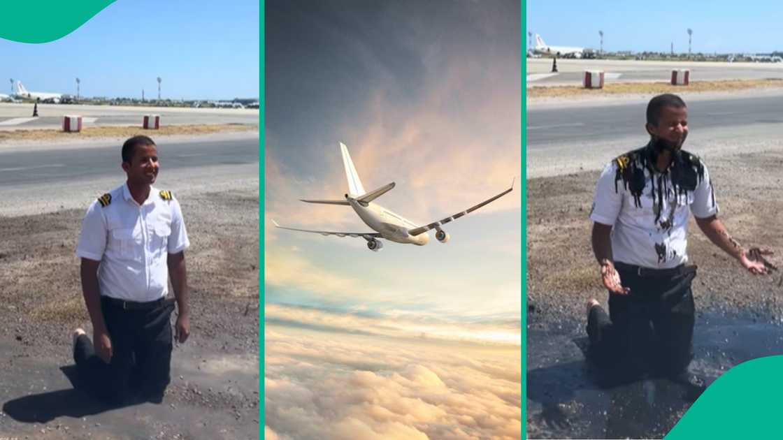 Pilot celebrates after flying airplane for the first time.