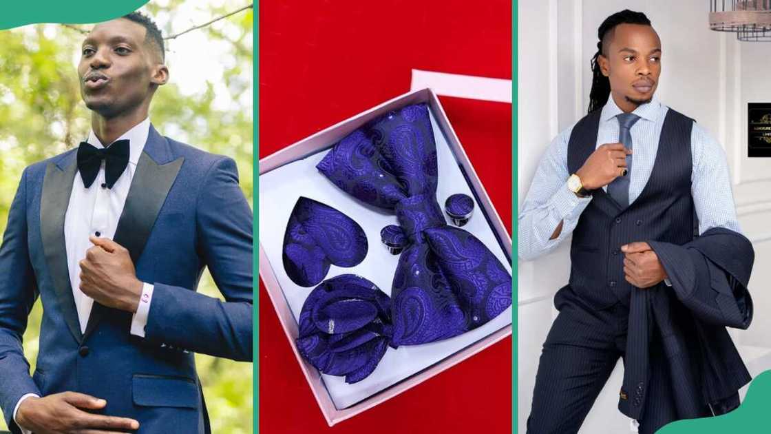 Men in suits showing their neck bow and long ties Men in suits showing their neck bow and long ties