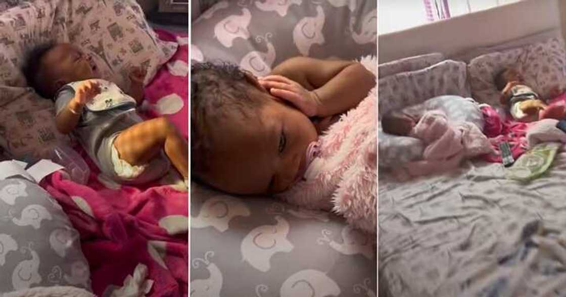 Little girl covers her ears with her palm Little girl covers her ears with her palm