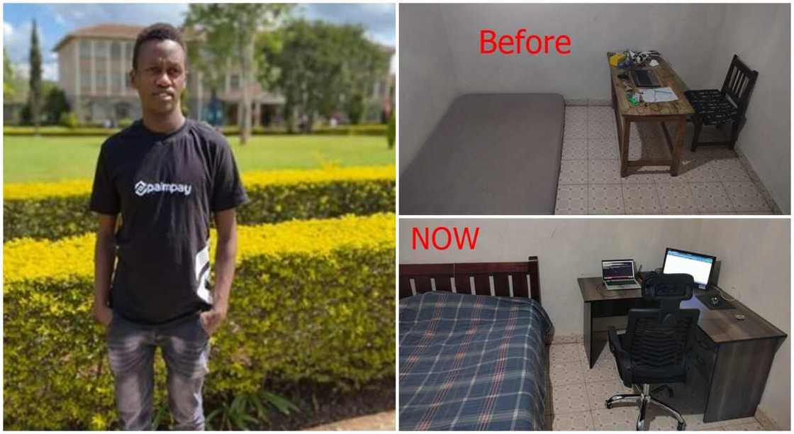 Young Man Celebrated by Kenyans After Flaunting His Bedsitter Upgrade with Before and After Snaps Young Man Celebrated by Kenyans After Flaunting His Bedsitter Upgrade with Before and After Snaps