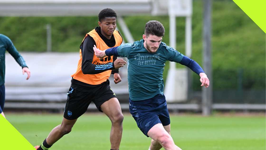 Chido Obi and Declan Rice at Arsenal's training. Chido Obi and Declan Rice at Arsenal's training.
